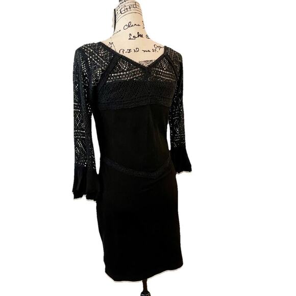FREE PEOPLE BODYCON DRESS CROCHET LACE BLACK SZ M BELL SLEEVE GOTHCORE WHIMSICAL - Picture 10 of 16